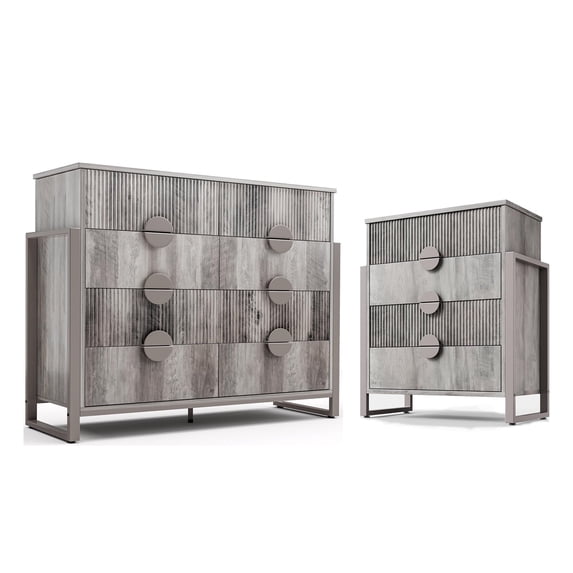 LGHM 2 Piece Bedroom Dresser Set, Fluted 4 Drawer Dresser Nightstand & Horizontal 8 Drawer Dresser, Gray