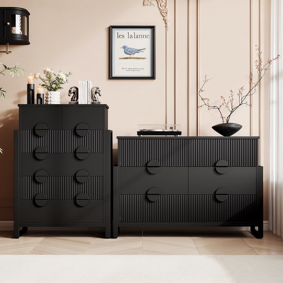 LGHM 2 Piece Bedroom Dresser Set, Fluted 6 Drawer Chest Dresser & Horizontal 6 Drawer Dresser, Black