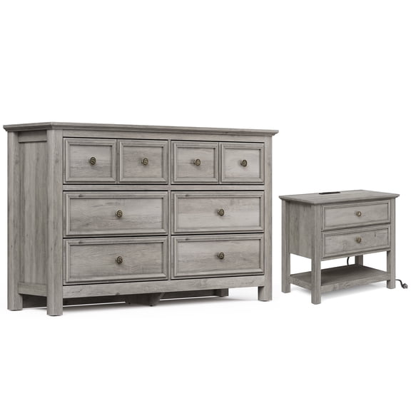 LGHM 2 Piece Modern Farmhouse Bedroom Furniture Set, Large 8 Drawer Dresser and Nightstand with 2 Drawers & Charging Station, Gray Wash