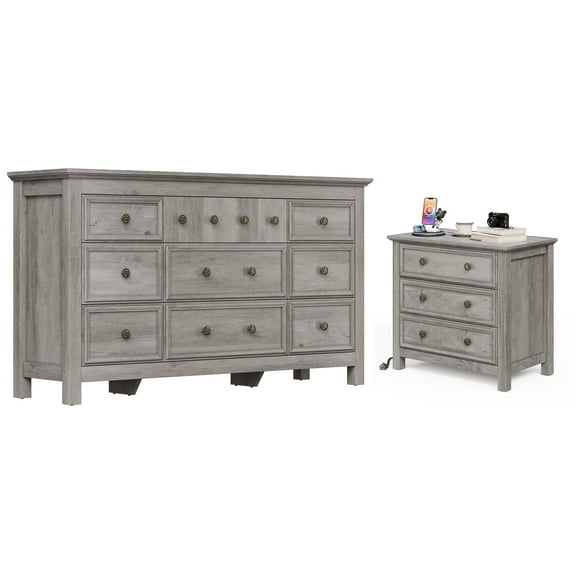 LGHM 2 Piece Modern Farmhouse Bedroom Furniture Set, Large 9 Drawer Dresser and Nightstand with 3 Drawers & Charging Station, Gray Wash