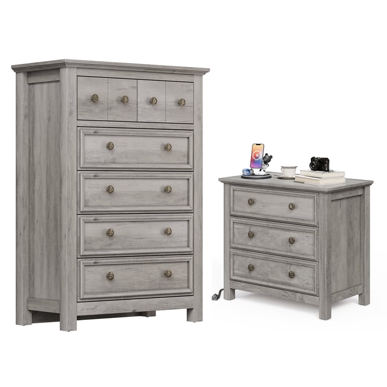 Lghm 2 Piece Modern Farmhouse Bedroom Furniture Set, Tall 6 Drawer Dresser and Nightstand with 3 Drawers & Charging Station, Gray Wash, Size: 26.7