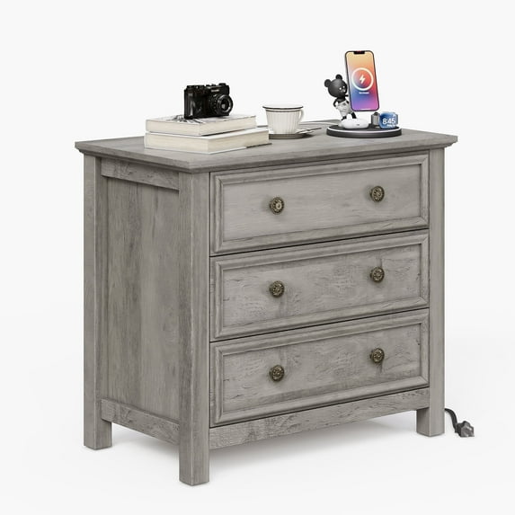 LGHM 3 Drawer Nightstand with Charging Station, 26.7" Large Bedside Table Dresser for Bedroom, Living Room, Gray