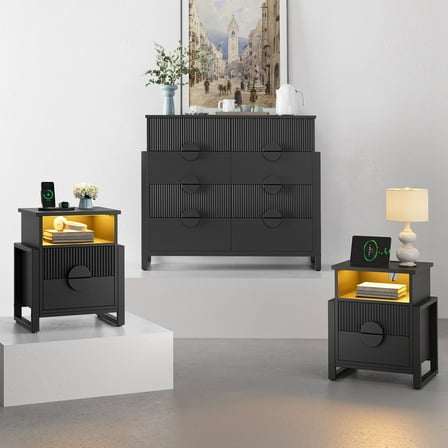 LGHM 3 Piece Bedroom Dresser and Nightstand Set, Fluted 8 Drawer Double Dresser, 2 Pcs Bed Side Tables End Table with LED Lights for Living Room, Black