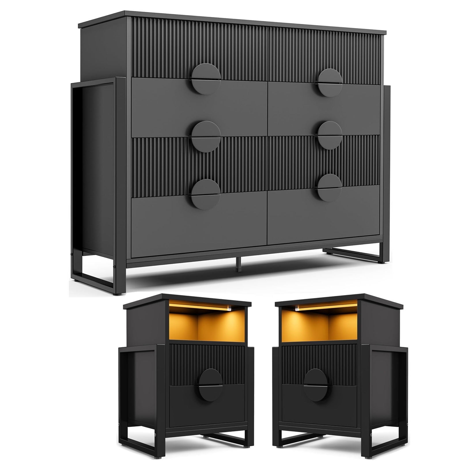 LGHM 3 Piece Bedroom Dresser and Nightstand Set, Fluted 8 Drawer Double ...