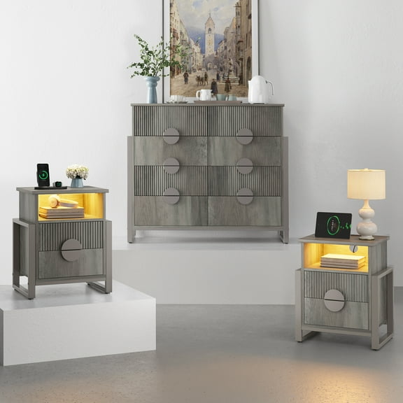 LGHM 3 Piece Bedroom Dresser and Nightstand Set, Fluted 8 Drawer Double Dresser, 2 Pcs Bed Side Tables End Table with LED Lights for Living Room, Gray
