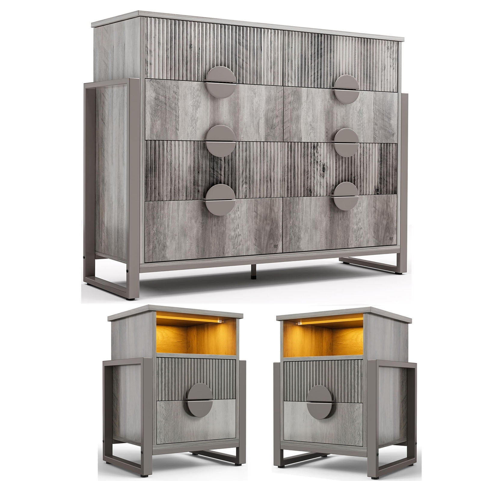 LGHM 3 Piece Bedroom Dresser and Nightstand Set, Fluted 8 Drawer Double Dresser, 2 Pcs Bed Side Tables End Table with LED Lights for Living Room, Gray
