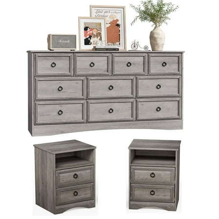 LGHM 3 Piece Bedroom Dresser Set, 10 Drawer Dresser and 2 Drawers Nightstand set of 2, Gray Wash