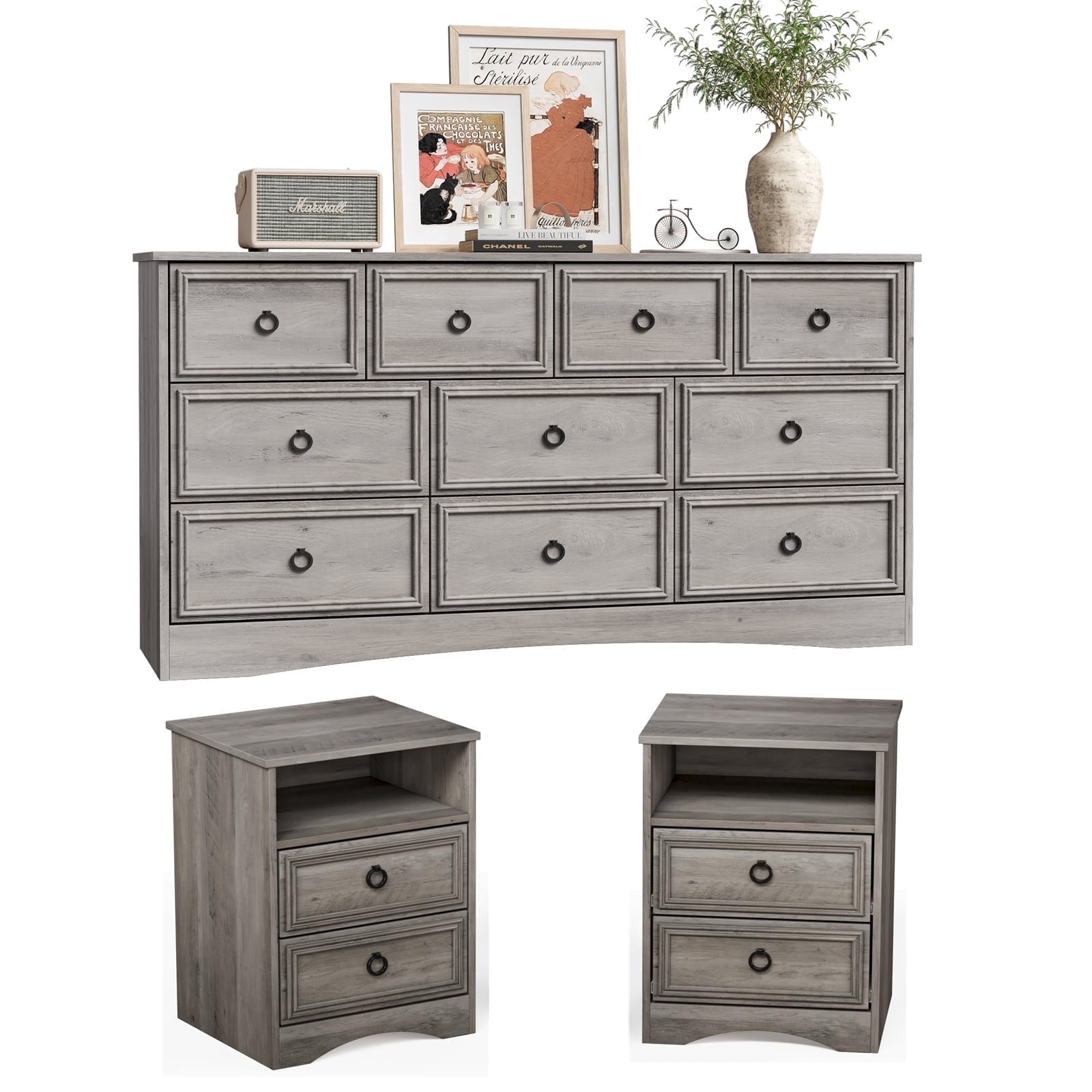 LGHM 3 Piece Bedroom Dresser Set, 10 Drawer Dresser and 2 Drawers Nightstand set of 2, Gray Wash