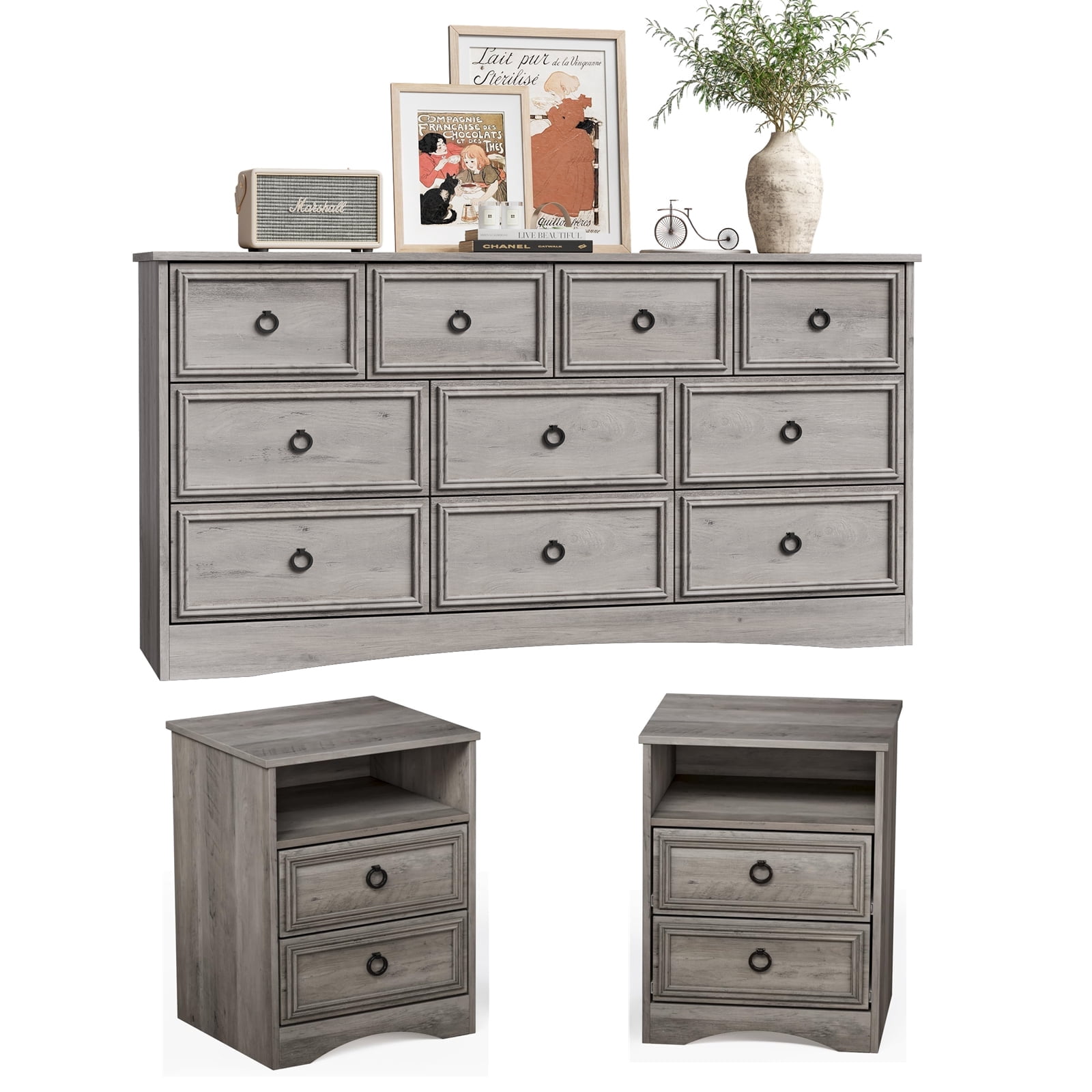 LGHM 3 Piece Bedroom Dresser Set, 10 Drawer Dresser and 2 Nightstands ...
