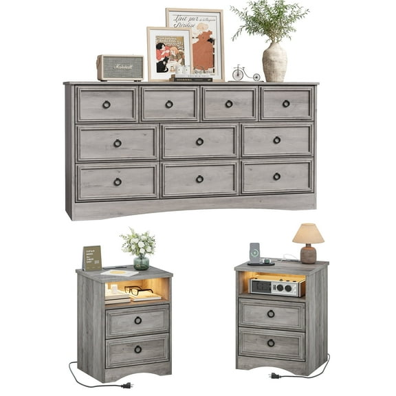 LGHM 3 Piece Bedroom Dresser Set, 10 Drawer Dresser and 2 Drawers Nightstand set of 2 with Charging Station & LED Light, Gray Wash