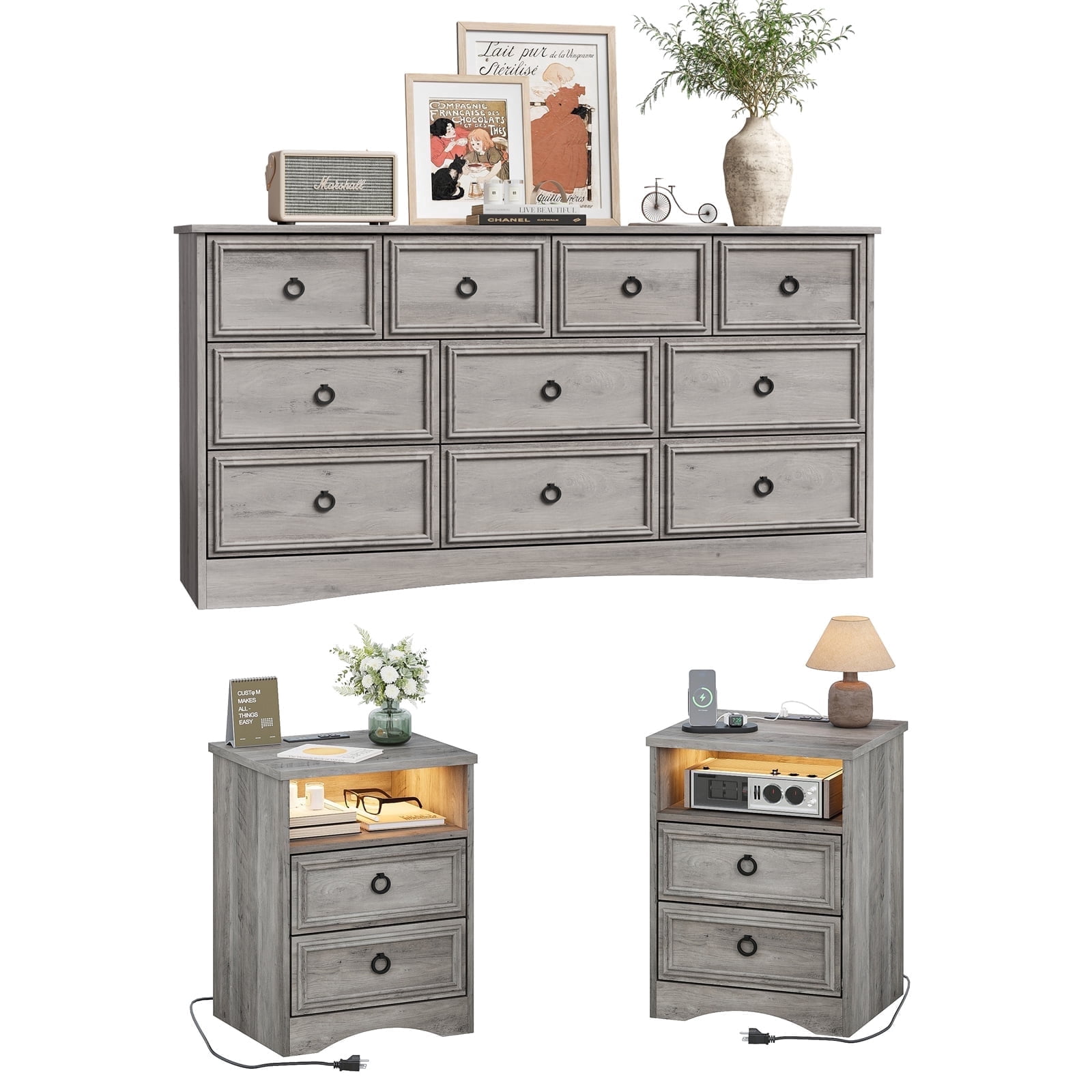 3 piece dresser set grey LGHM 3 Piece Bedroom Dresser Set with 10 Drawer Dresser and 2 Drawer Nightstands, Engineered Wood, Gray Wash