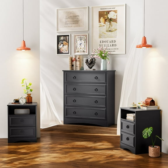 LGHM 3 Piece Bedroom Dresser Set, 4 Drawer Dresser, 2 Drawers Nightstand set of 2, Black