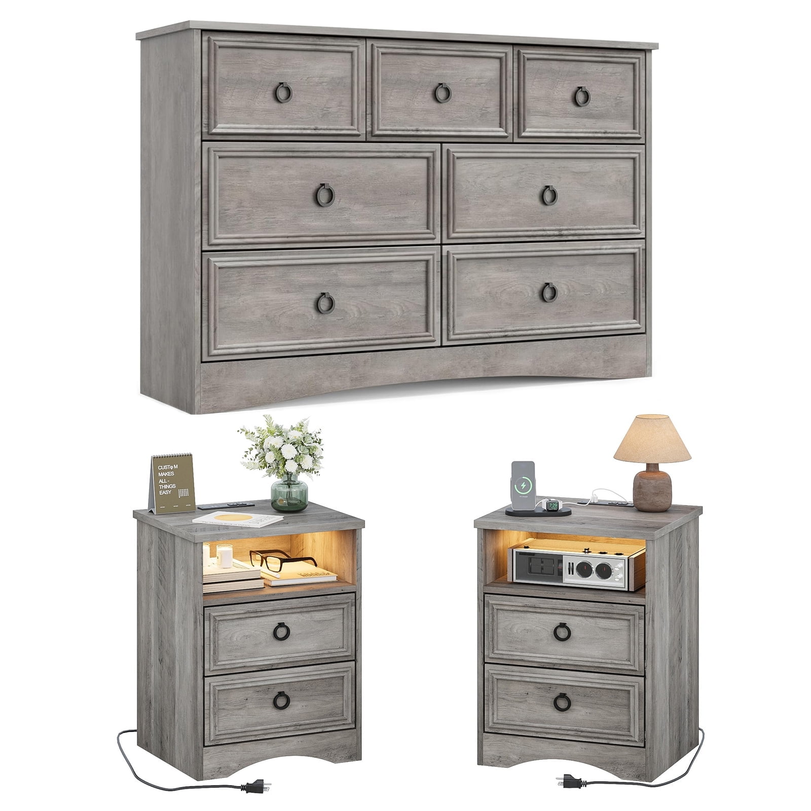 Walmart Black Friday Deals 2025 LGHM Wooden 3 Piece Bedroom Set: 6 Drawer Double Dresser & 2 Gray Wash Nightstands