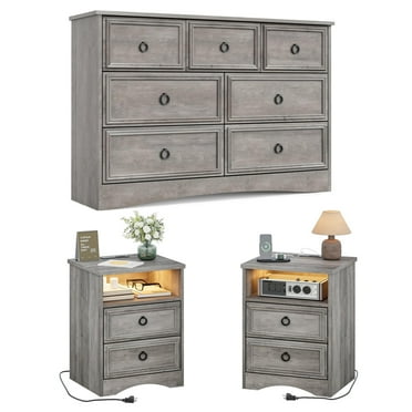 LGHM 3 Piece Bedroom Dresser Set, 7 Drawer Dresser, 2 Drawers Nightstand set of 2, with LED Lights, Gray Wash