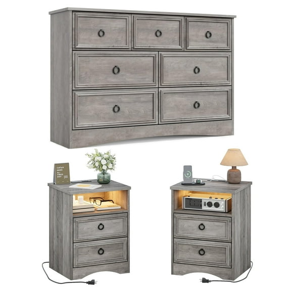 LGHM 3 Piece Bedroom Dresser Set, 7 Drawer Dresser, 2 Drawers Nightstand set of 2, with LED Lights, Gray Wash