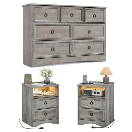 LGHM 3 Piece Bedroom Dresser Set, 7 Drawer Dresser, 2 Drawers Nightstand set of 2, with LED Lights, Gray Wash