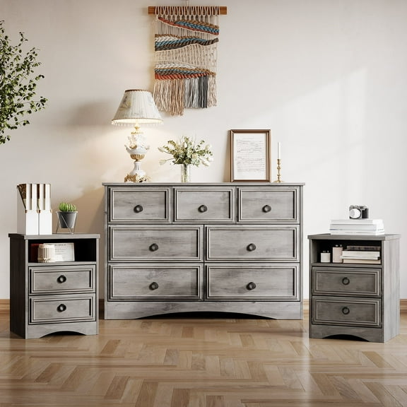 LGHM 3 Piece Bedroom Dresser Set, 7 Drawer Double Dresser, 2 Drawers Nightstand set of 2, Gray