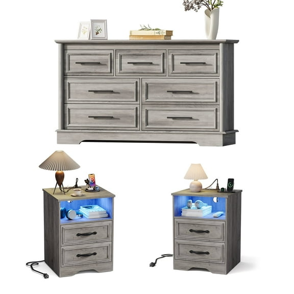 LGHM 3 Piece Bedroom Dresser Set, Farmhouse 7 Drawer Dresser, 2 Drawers Nightstand with Outless and LED Lights, Gray Wash