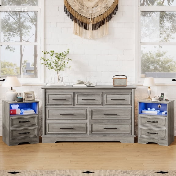LGHM 3 Piece Bedroom Dresser Set, Farmhouse 7 Drawer Dresser, 2 Drawers Nightstand with Outless and LED Lights, Gray Wash