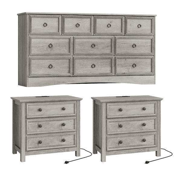 LGHM 3 Piece Bedroom Dresser Set, Modern Farmhouse Large 10 Drawer Dresser and 2 Pcs Nightstand with 3 Drawers & Charging Station, Gray Wash