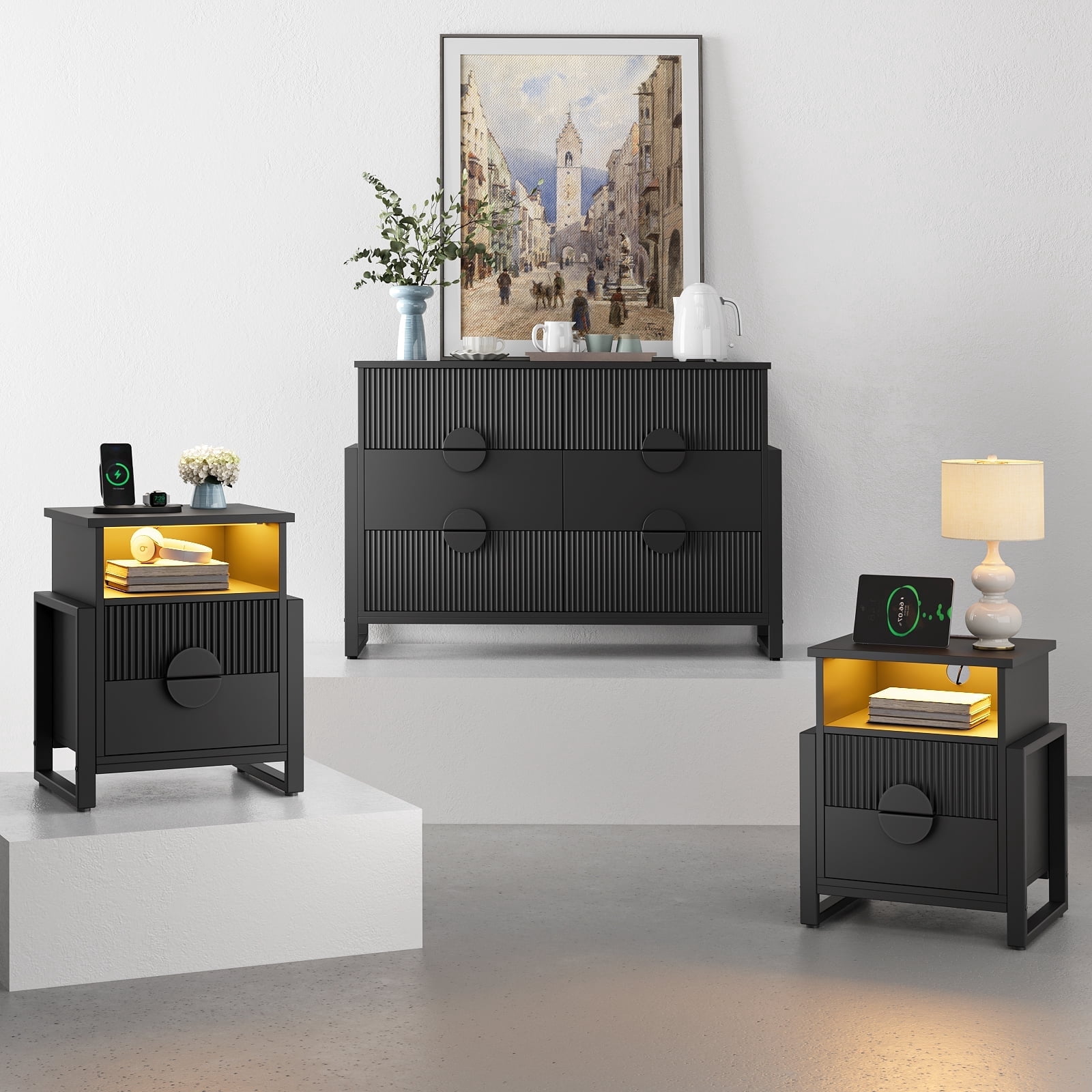 LGHM 3 Piece Bedroom Dresser and Nightstand Set, Fluted Wide Chest of Drawers, Bed Side Table End Table with LED Lights for Living Room, Black