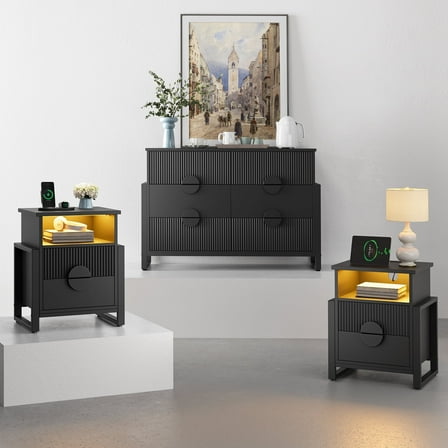 LGHM 3 Piece Bedroom Dresser and Nightstand Set, Fluted Wide Chest of Drawers, Bed Side Table End Table with LED Lights for Living Room, Black