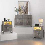 LGHM 3 Piece Bedroom Dresser and Nightstand Set, Fluted Wide Chest of Drawers, Bed Side Table End Table with LED Lights for Living Room, Gray
