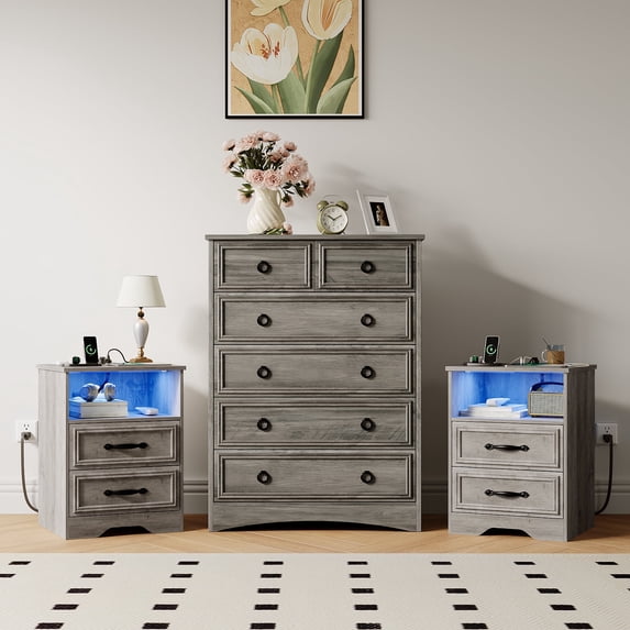 LGHM 3 Piece Bedroom Dresser and Nightstand Set, Tall 6 Drawers Dresser, 2pcs Bedside Table with Charging Station and LED Lights, Gray