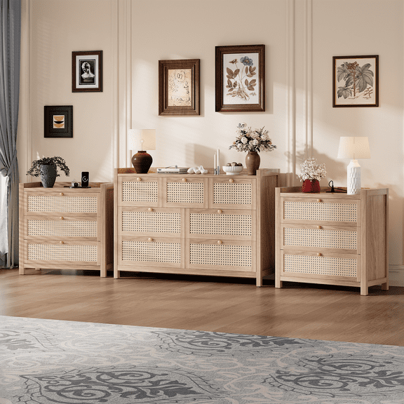 LGHM 3-Piece Bedroom Furniture Set, Rattan 7 Drawer Dresser, 3 Drawers Nightstand Set of 2 with Charging Station, Natural Oak