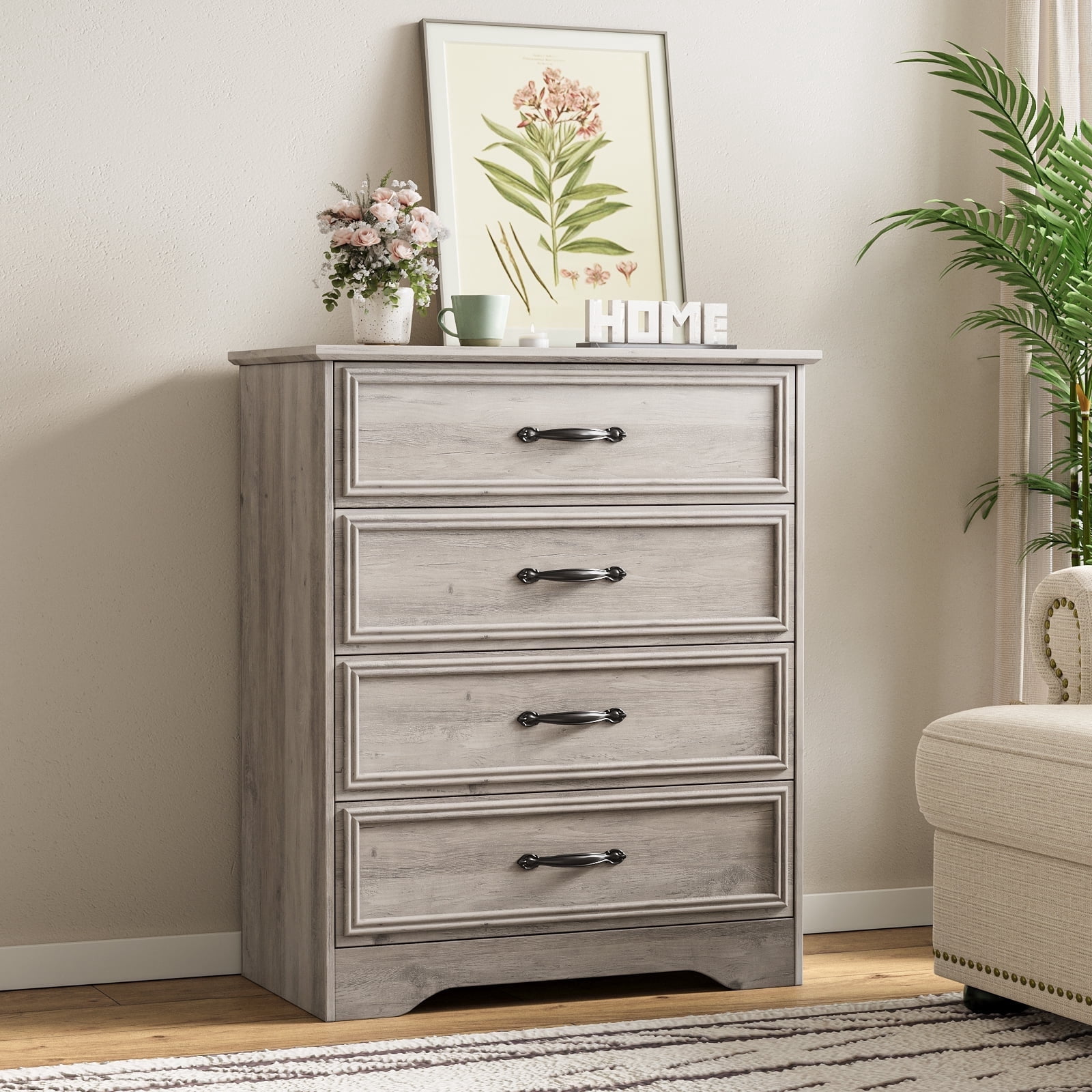 LGHM 4 Drawer Dresser for Bedroom, Gray Wood Chest of Drawers for Living Room
