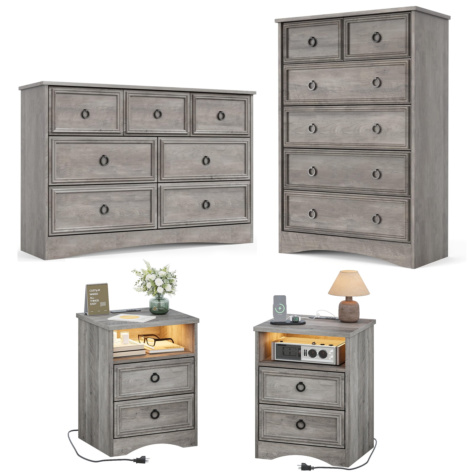 A 4-piece bedroom dresser set with a grey finish, featuring a 6-drawer chest and vertical dresser