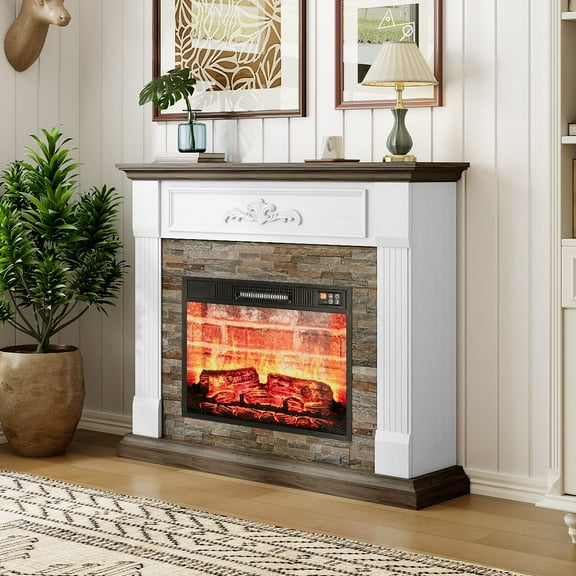 LGHM 44" Electric Fireplace Mantel, Wooden Stacked Stone Surround Free Standing Electric Fireplace Heater with Adjustable Led Flame, Remote Control, White