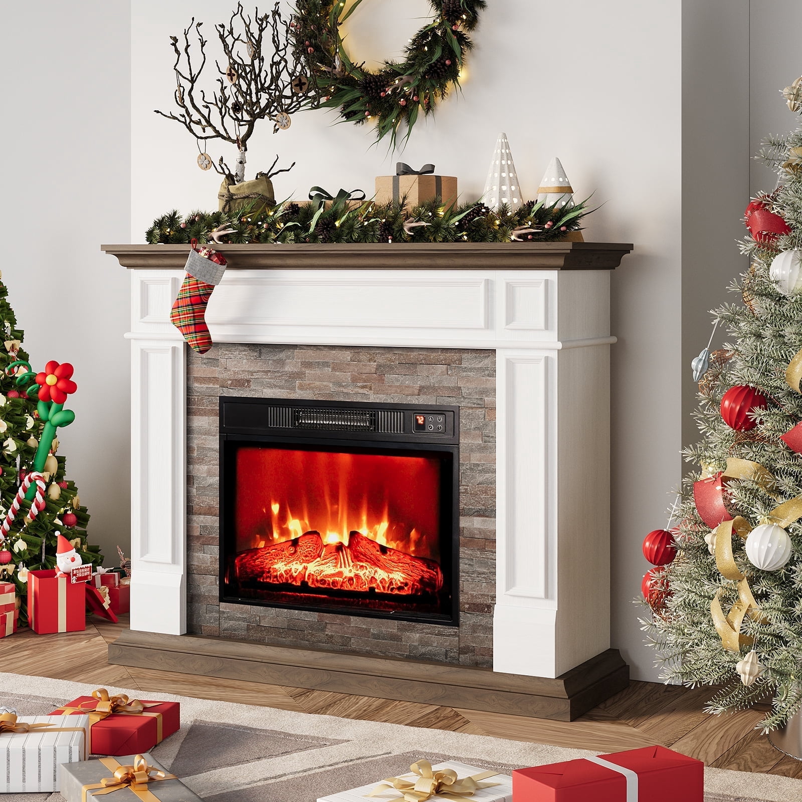 LGHM 44" Electric Fireplace with Mantel, Free Standing Fireplace Heater with Adjustable LED Flame for Living Room, Bedroom, Brown