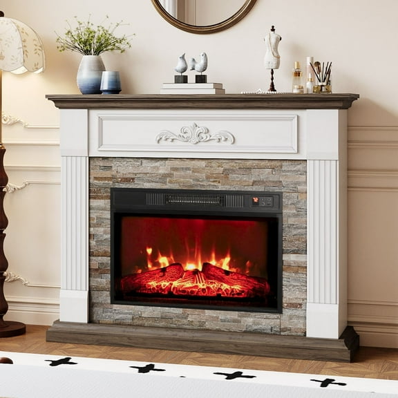 LGHM 44" Electric Fireplace with Mantel, Free Standing Fireplace Heater with Remote Control Adjustable LED Flame for Living Room, Bedroom,White