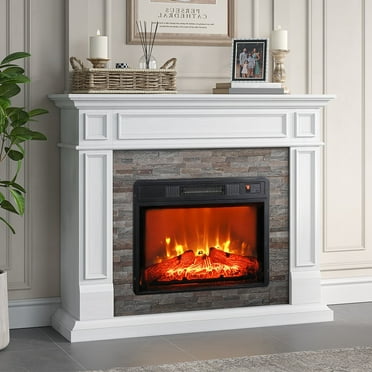 LGHM 44" Electric Fireplace with Mantel, Free Standing Fireplace Heater with Remote Control Adjustable LED Flame for Living Room, Bedroom,White