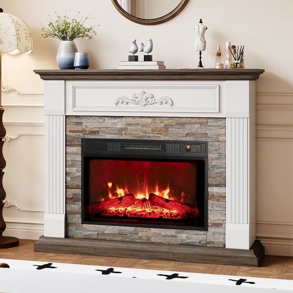 LGHM 44" Electric Fireplace with Mantel, Free Standing Fireplace Heater with LED Flame for Living Room, Bedroom,White