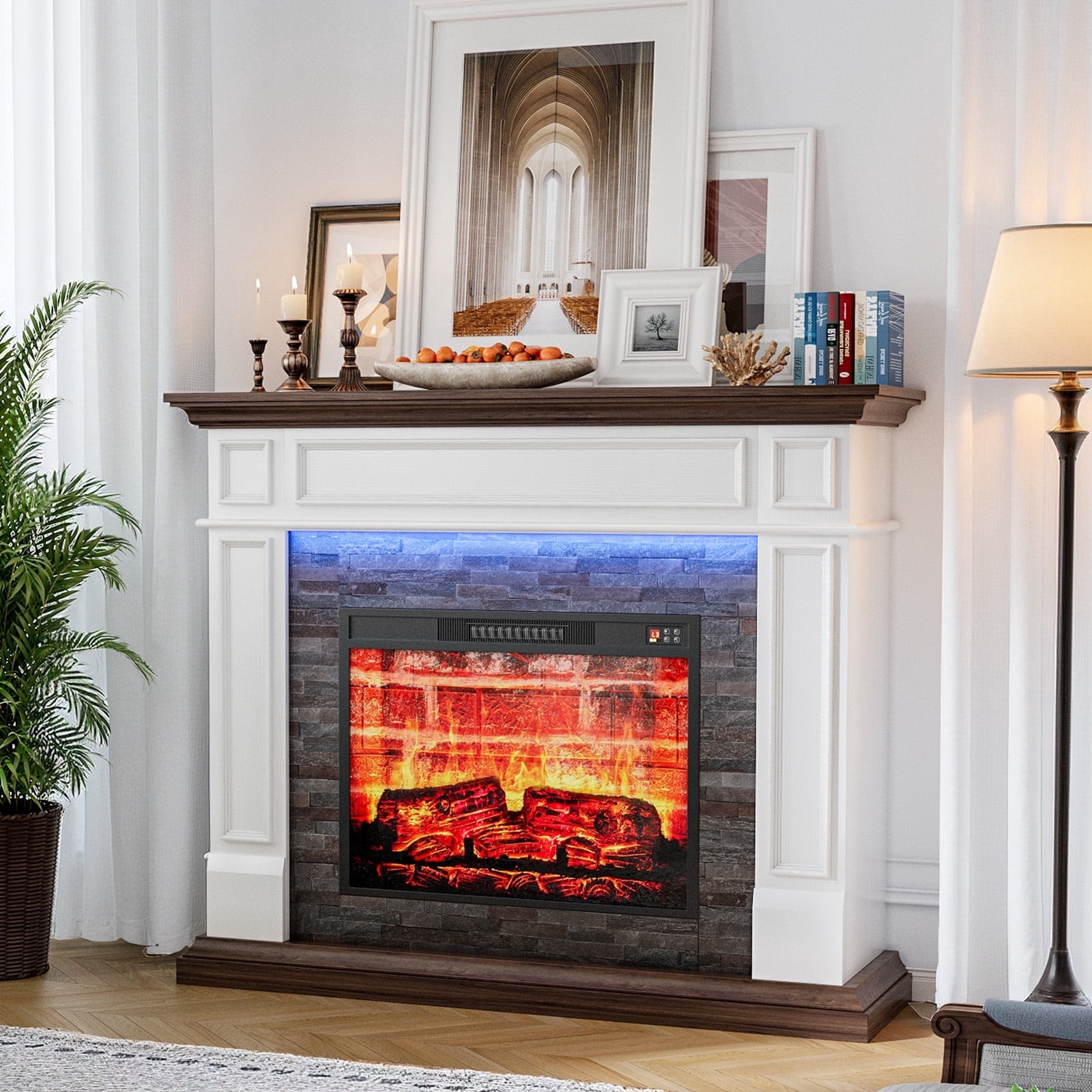 LGHM 44" Electric Fireplace with Mantel, Free Standing Fireplace Heater with Remote Control & LED Lights for Living Room, Bedroom, White & Brown