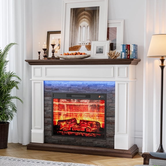 LGHM 44" Electric Fireplace with Mantel, Free Standing Fireplace Heater with Remote Control & LED Lights for Living Room, Bedroom, White & Brown