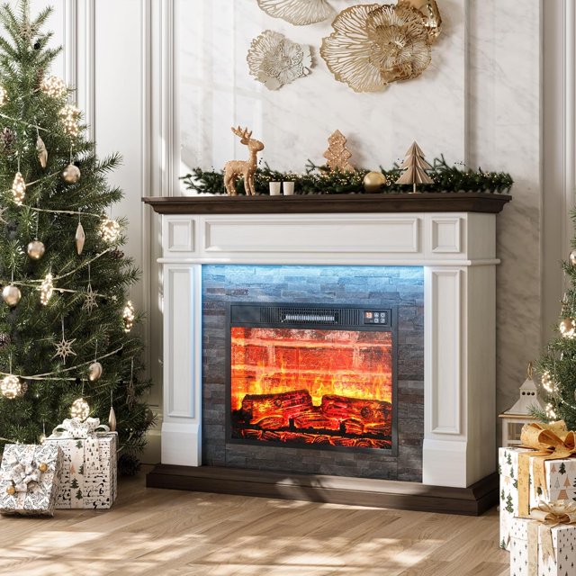 LGHM 44" LED Electric Fireplace with Mantel, Portable Freestanding Wood