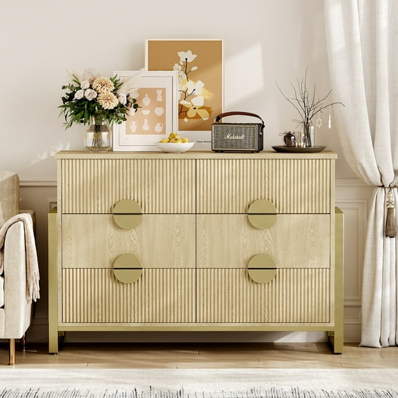 LGHM 6 Drawer Fluted Dresser for Bedroom, Modern Chest of Drawers Storage Cabinet for Living Room Hallway, Natural Oak