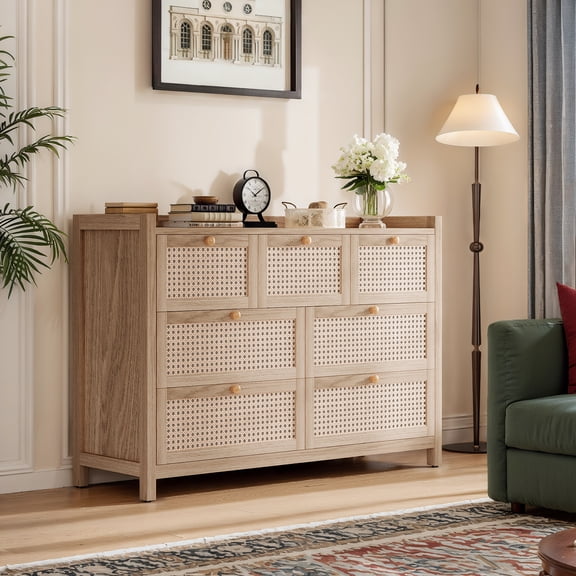 LGHM 7 Drawer Dresser for Bedroom, 47" Wide Wood Chest of Drawers with Rattan Drawers for Living Room, Natural Oak