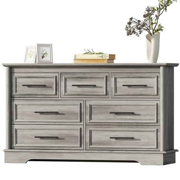 LGHM 7 Drawer Horizontal Dresser for Bedroom, 54" Wood Chest of Drawers Storage Cabinet for Living Room, Hallway, Gray