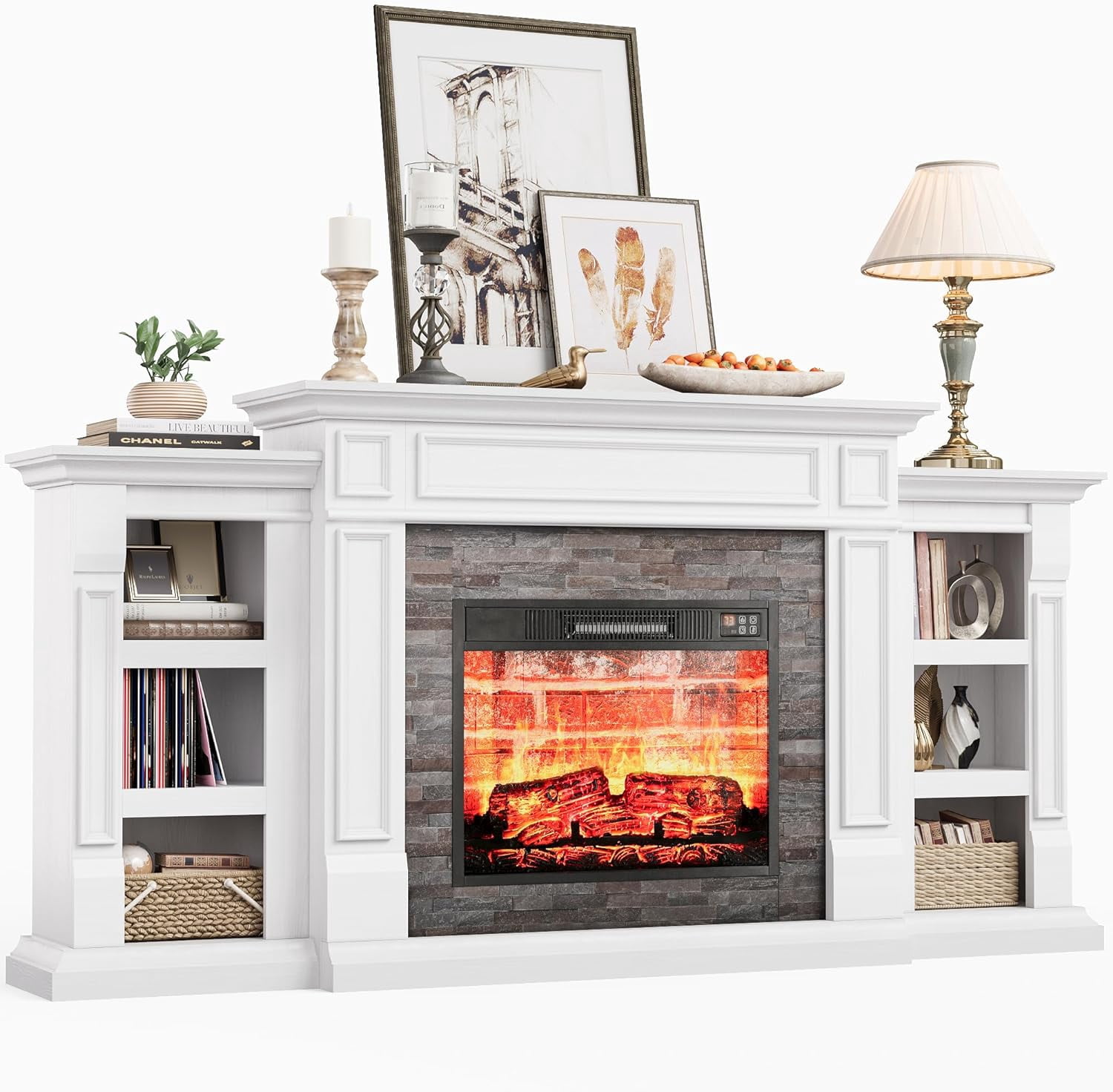 LGHM 70" Electric Fireplace with Mantel, Fireplace TV Stand for TVs Up ...