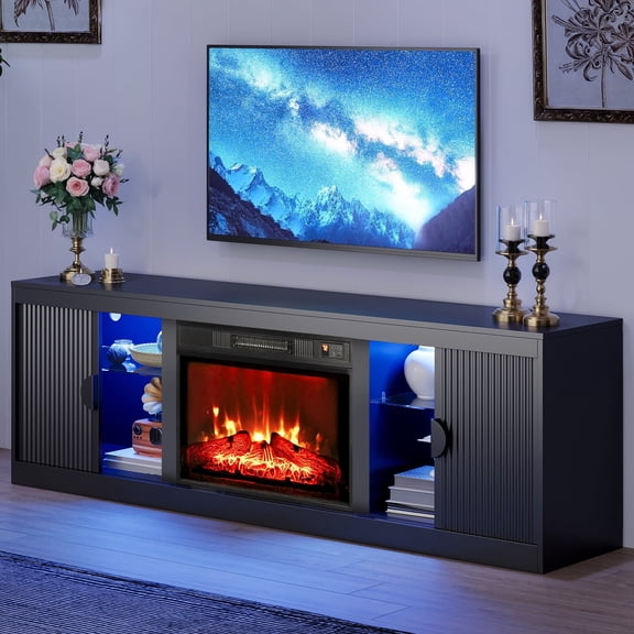 LGHM 70" Electric Fireplace TV Stand for TVs up to 80", Fluted TV Console with LED Lights, Wood Entertainment Center, Black