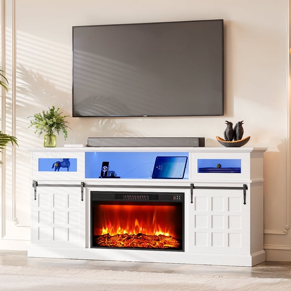 LGHM 70" Electric Fireplace TV Stand with Charging Station & LED Lights, Modern Farmhouse Entertainment Center for TVs up to 75" 80", White