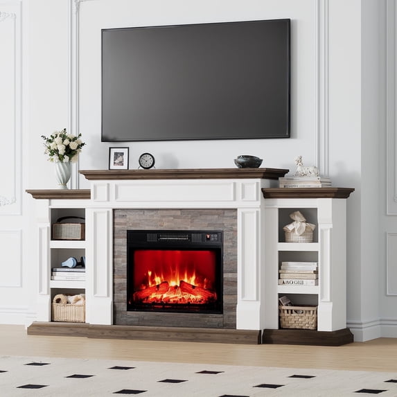 LGHM 70" Electric Fireplace TV Stand with Mantel, Farmhouse Entertainment Center for TVs up to 80", White & Brown