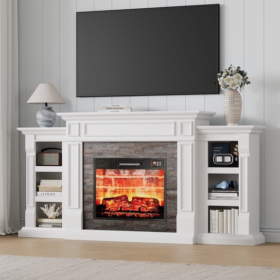 LGHM 70" Electric Fireplace TV Stand with Mantel, Farmhouse Entertainment Center for TVs up to 80", White