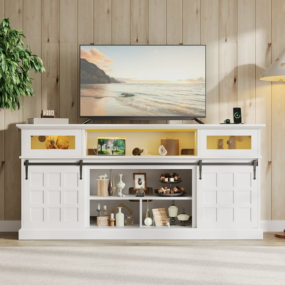 LGHM 70" TV Stand with Charging Station & LED Lights, Modern Farmhouse Entertainment Center for TVs up to 75" 80", White