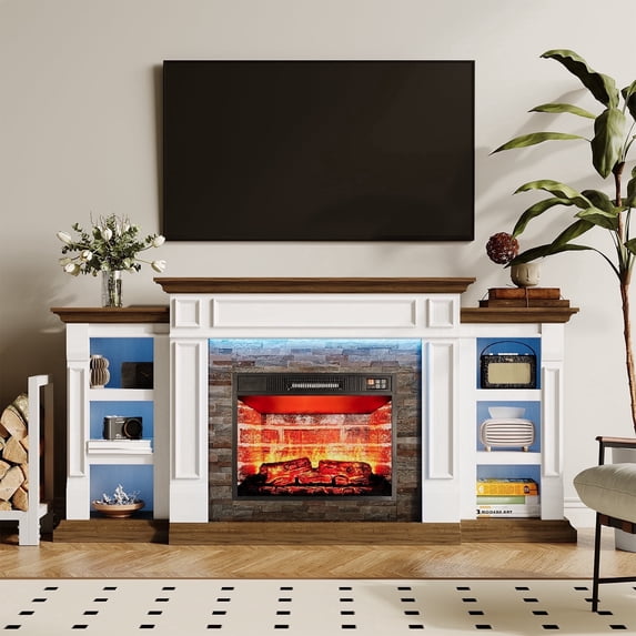 LGHM 71" Electric Fireplace TV Stand with Mantel, Farmhouse Entertainment Center for TVs up to 80" with Remote Control & LED Light, White & Brown