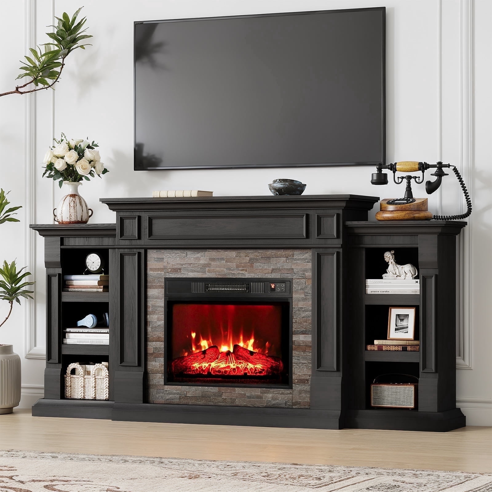 LGHM 72" Electric Fireplace TV Stand for 80 inch TV, Freestanding 23" Fireplace Heater with Mantel for Living Room, Bedroom, Black